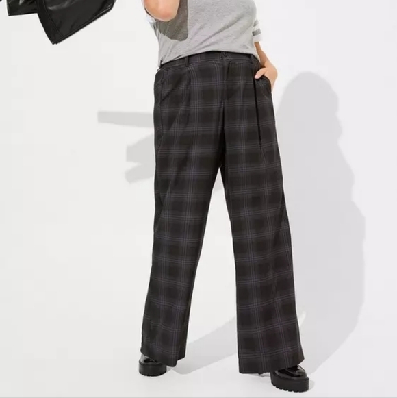 Torrid Wide Leg Black Gray Plaid Pants High Rise Size 22 Tall New NWT Stretch - Picture 1 of 11